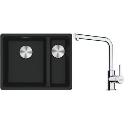 Franke Maris MRG 160-34-15SBR zlewozmywak 52x40 cm Fragranite czarny mat z baterią kuchenną Lina chrom (1250687264, 1150712420)