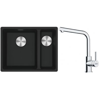 Franke Maris MRG 160-34-15SBR zlewozmywak 52x40 cm Fragranite czarny mat z baterią kuchenną Lina chrom (1250687264, 1150693230)