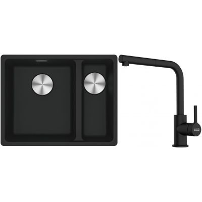 Franke Maris MRG 160-34-15SBR zlewozmywak 52x40 cm Fragranite czarny mat z baterią kuchenną Lina czarny mat (1250687264, 1150712435)