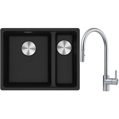 Franke Maris MRG 160-34-15SBR zlewozmywak 52x40 cm Fragranite onyx z baterią kuchenną Eos stal szlachetna (1250687265, 1150590045)