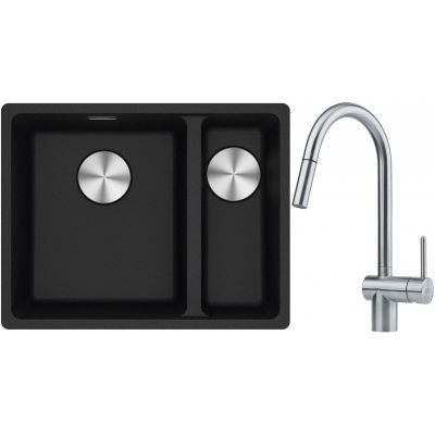 Franke Maris MRG 160-34-15SBR zlewozmywak 52x40 cm Fragranite onyx z baterią kuchenną Leda Neo stal szlachetna (1250687265, 1150590047)