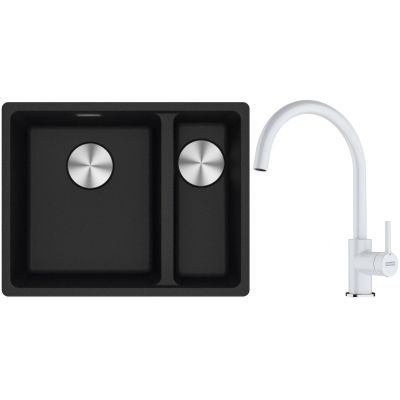 Franke Maris MRG 160-34-15SBR zlewozmywak 52x40 cm Fragranite onyx z baterią kuchenną Lina biały polarny (1250687265, 1150626024)