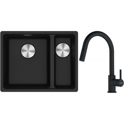 Franke Maris MRG 160-34-15SBR zlewozmywak 52x40 cm Fragranite onyx z baterią kuchenną Lina czarny mat (1250687265, 1150626053)