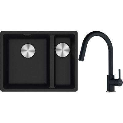 Franke Maris MRG 160-34-15SBR zlewozmywak 52x40 cm Fragranite onyx z baterią kuchenną Lina onyx (1250687265, 1150626055)