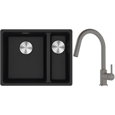 Franke Maris MRG 160-34-15SBR zlewozmywak 52x40 cm Fragranite onyx z baterią kuchenną Lina kamienny szary (1250687265, 1150626057)