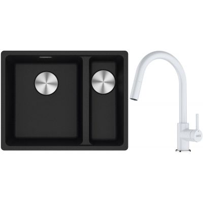 Franke Maris MRG 160-34-15SBR zlewozmywak 52x40 cm Fragranite onyx z baterią kuchenną Lina biały polarny (1250687265, 1150626081)