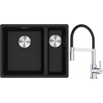 Franke Maris MRG 160-34-15SBR zlewozmywak 52x40 cm Fragranite onyx z baterią kuchenną Lina chrom/czarny (1250687265, 1150626085)