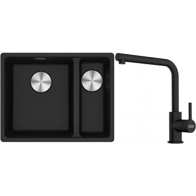 Franke Maris MRG 160-34-15SBR zlewozmywak 52x40 cm Fragranite onyx z baterią kuchenną Lina czarny mat (1250687265, 1150712435)