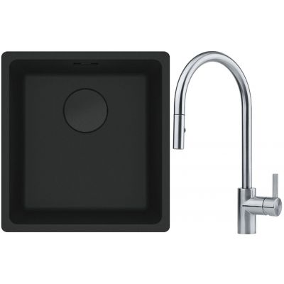 Franke Maris MRG 110-37 zlewozmywak 40x37 cm Fragranit + czarny mat z baterią kuchenną Eos stal szlachetna (1250697760, 1150590045)