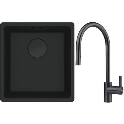 Franke Maris MRG 110-37 zlewozmywak 40x37 cm Fragranit + czarny mat z baterią kuchenną Eos czarna stal szlachetna (1250697760, 1150613671)