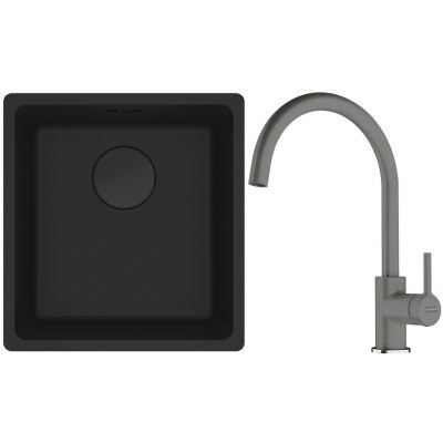 Franke Maris MRG 110-37 zlewozmywak 40x37 cm Fragranit + czarny mat z baterią kuchenną Lina kamienny szary (1250697760, 1150626022)