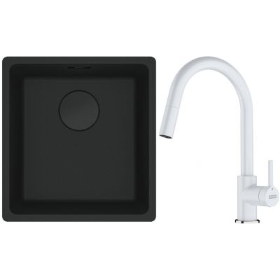 Franke Maris MRG 110-37 zlewozmywak 40x37 cm Fragranit + czarny mat z baterią kuchenną Lina biały polarny (1250697760, 1150626081)