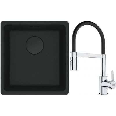 Franke Maris MRG 110-37 zlewozmywak 40x37 cm Fragranit + czarny mat z baterią kuchenną Lina chrom/czarny (1250697760, 1150626085)