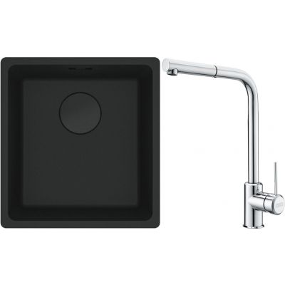 Franke Maris MRG 110-37 zlewozmywak 40x37 cm Fragranit + czarny mat z baterią kuchenną Sirius Side chrom (1250697760, 1150668280)