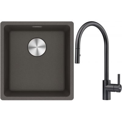 Franke Maris MRG 110-37 zlewozmywak granitowy 43x40 cm łupkowy szary z baterią kuchenną Eos czarna stal szlachetna (1250716374, 1150613671)