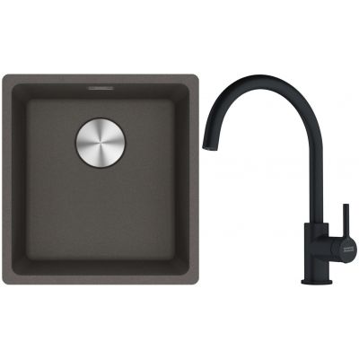 Franke Maris MRG 110-37 zlewozmywak granitowy 43x40 cm łupkowy szary  z baterią kuchenną Lina czarny mat (1250716374, 1150626019)