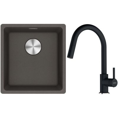 Franke Maris MRG 110-37 zlewozmywak granitowy 43x40 cm łupkowy szary z baterią kuchenną Lina onyx (1250716374, 1150626055)