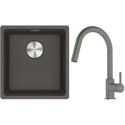 Franke Maris MRG 110-37 zlewozmywak granitowy 43x40 cm łupkowy szary z baterią kuchenną Lina kamienny szary (1250716374, 1150626057)