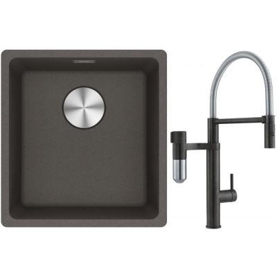 Franke Maris MRG 110-37 zlewozmywak granitowy 43x40 cm łupkowy szary z baterią kuchenną Vital Semi-Pro czarny mat/stal (1250716374, 1200621313)