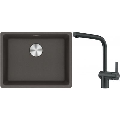 Franke Maris MRG 110-52 zlewozmywak granitowy 55,3x43,3 cm łupkowy szary z baterią kuchenną Atlas czarna stal szlachetna (1250716375, 1150550427)