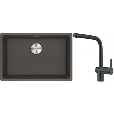 Franke Maris MRG 110-62 zlewozmywak granitowy 65,3x43,3 cm łupkowy szary z baterią kuchenną Atlas czarna stal szlachetna (1250716376, 1150550427)
