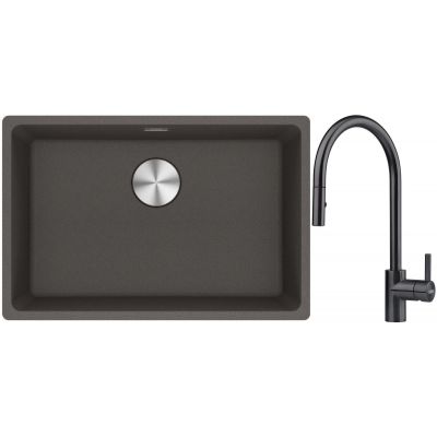 Franke Maris MRG 110-62 zlewozmywak granitowy 65,3x43,3 cm łupkowy szary z baterią kuchenną Eos czarna stal szlachetna (1250716376, 1150613671)