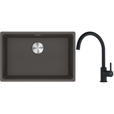Franke Maris MRG 110-62 zlewozmywak granitowy 65,3x43,3 cm łupkowy szary z baterią kuchenną Lina czarny mat (1250716376, 1150626019)