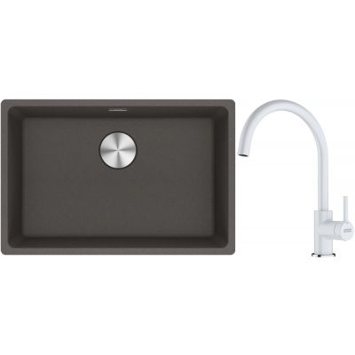 Franke Maris zlewozmywak granitowy 65,3x43,3 cm łupkowy szary z baterią kuchenną Lina biały polarny (1250716376, 1150626024)