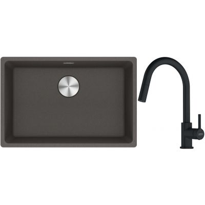 Franke Maris zlewozmywak granitowy 65,3x43,3 cm łupkowy szary z baterią kuchenną Lina czarny mat (1250716376, 1150626053)