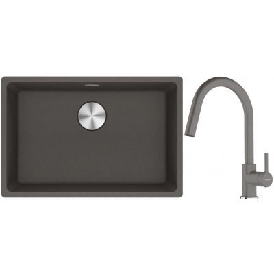 Franke Maris zlewozmywak granitowy 65,3x43,3 cm łupkowy szary z baterią kuchenną Lina kamienny szary (1250716376, 1150626057)