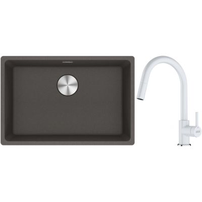 Franke Maris zlewozmywak granitowy 65,3x43,3 cm łupkowy szary z baterią kuchenną Lina biały polarny (1250716376, 1150626081)