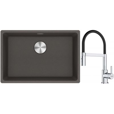 Franke Maris zlewozmywak granitowy 65,3x43,3 cm łupkowy szary z baterią kuchenną Lina chrom/czarny (1250716376, 1150626085)