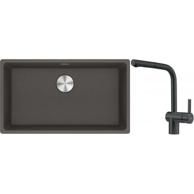 Franke Maris MRG 110-72 zlewozmywak granitowy 75,3x43,3 cm szary/grafitowy/onyx z baterią kuchenną Atlas czarna stal szlachetna (1250716377, 1150550427)