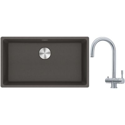 Franke Maris MRG 110-72 zlewozmywak granitowy 75,3x43,3 cm szary/grafitowy/onyx z baterią kuchenną Eos stal szlachetna (1250716377, 1200179979)