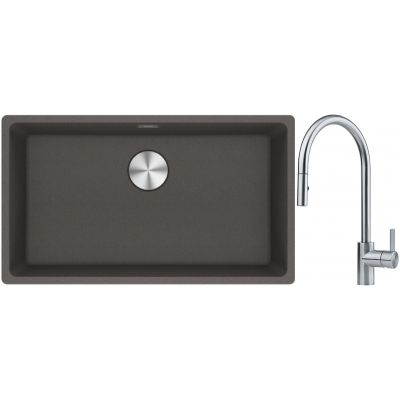 Franke Maris MRG 110-72 zlewozmywak granitowy 75,3x43,3 cm szary/grafitowy/onyx z baterią kuchenną Eos stal szlachetna (1250716377, 1150590045)