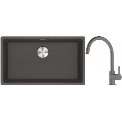 Franke Maris MRG 110-72 zlewozmywak granitowy 75,3x43,3 cm szary/grafitowy/onyx z baterią kuchenną Lina kamienny szary (1250716377, 1150626022)