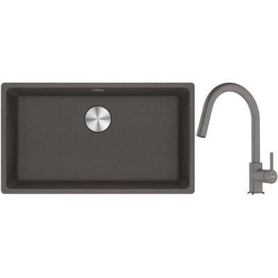 Franke Maris MRG 110-72 zlewozmywak granitowy 75,3x43,3 cm szary/grafitowy/onyx z baterią kuchenną Lina kamienny szary (1250716377, 1150626057)