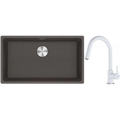 Franke Maris MRG 110-72 zlewozmywak granitowy 75,3x43,3 cm szary/grafitowy/onyx z baterią kuchenną Lina biały polarny (1250716377, 1150626081)
