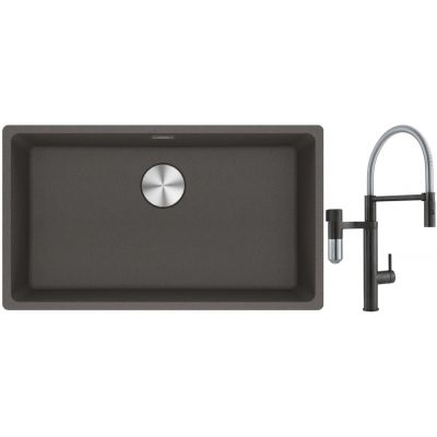 Franke Maris MRG 110-72 zlewozmywak granitowy 75,3x43,3 cm szary/grafitowy/onyx z baterią kuchenną Vital Semi-Pro czarny mat/stal (1250716377, 1200621313)