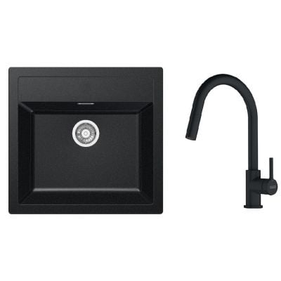 Zestaw Franke Sirius zlewozmywak granitowy 56x53 cm z baterią kuchenną Lina Pull-Out onyx/ czarny mat (1140205049, 1150626053)