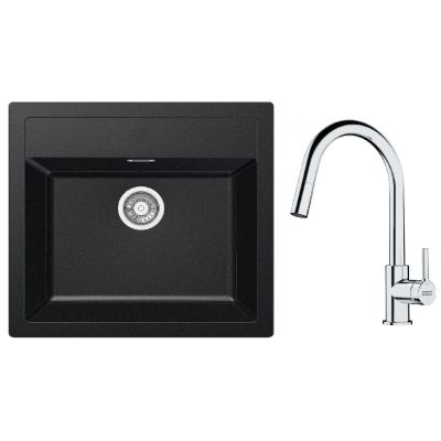 Zestaw Franke Sirius zlewozmywak granitowy 56x53 cm z baterią kuchenną Lina Pull-Out onyx/chrom (1140205049, 1150693229)