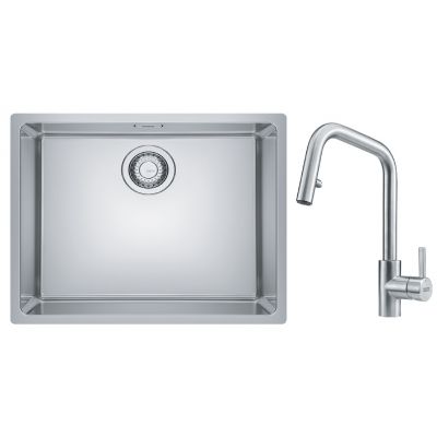 Zestaw Franke Maris zlewozmywak stalowy 50x40 cm z baterią kuchenną Kubus Pull-Out jedwab/stal (1220543996, 1150529207)