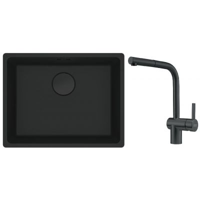 Zestaw Franke Maris zlewozmywak granitowy 52x40 cm z baterią kuchenną Atlas Neo czarny mat/czarna stal szlachetna (1250697759, 1150550427)