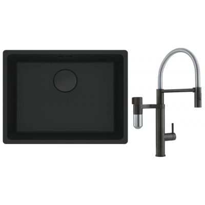 Zestaw Franke Maris zlewozmywak granitowy 52x40 cm z baterią kuchenną Vital Semi-Pro czarny mat/czarny mat stal (1250697759, 1200621313)