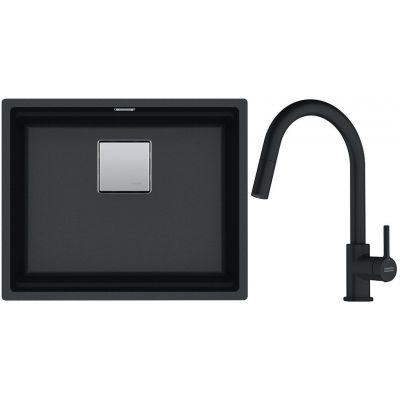 Franke Kanon KNG 110-52 zlewozmywak 52x42 cm Fragranite onyx z baterią kuchenną Lina Pull-Out czarny mat (1250528612, 1150626053)