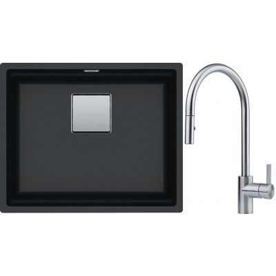 Franke Kanon KNG 110-52 zlewozmywak 52x42 cm Fragranite onyx z baterią kuchenną Eos Neo stal szlachetna (1250528612, 1150590045)