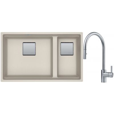 Franke Kanon KNG 120 zlewozmywak 76x46 cm Fragranite orzechowy z baterią kuchenną Eos Neo stal szlachetna (1250528634, 1150590045)