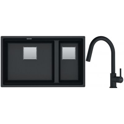Franke Kanon KNG 120 zlewozmywak 76x46 cm Fragranite onyx z baterią kuchenną Lina Pull-Out czarny mat (1250528636, 1150626053)