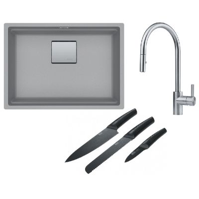 Franke Kanon KNG 110-52 zlewozmywak 52x42 cm Fragranite kamienny szary z baterią kuchenną Eos Neo stal szlachetna i zestawem noży kuchennych (1250528615, 1150590045, 1120545792)