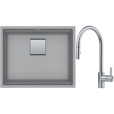 Franke Kanon KNG 110-52 zlewozmywak 52x42 cm Fragranite kamienny szary z baterią kuchenną Eos Neo stal szlachetna (1250528615, 1150590045)